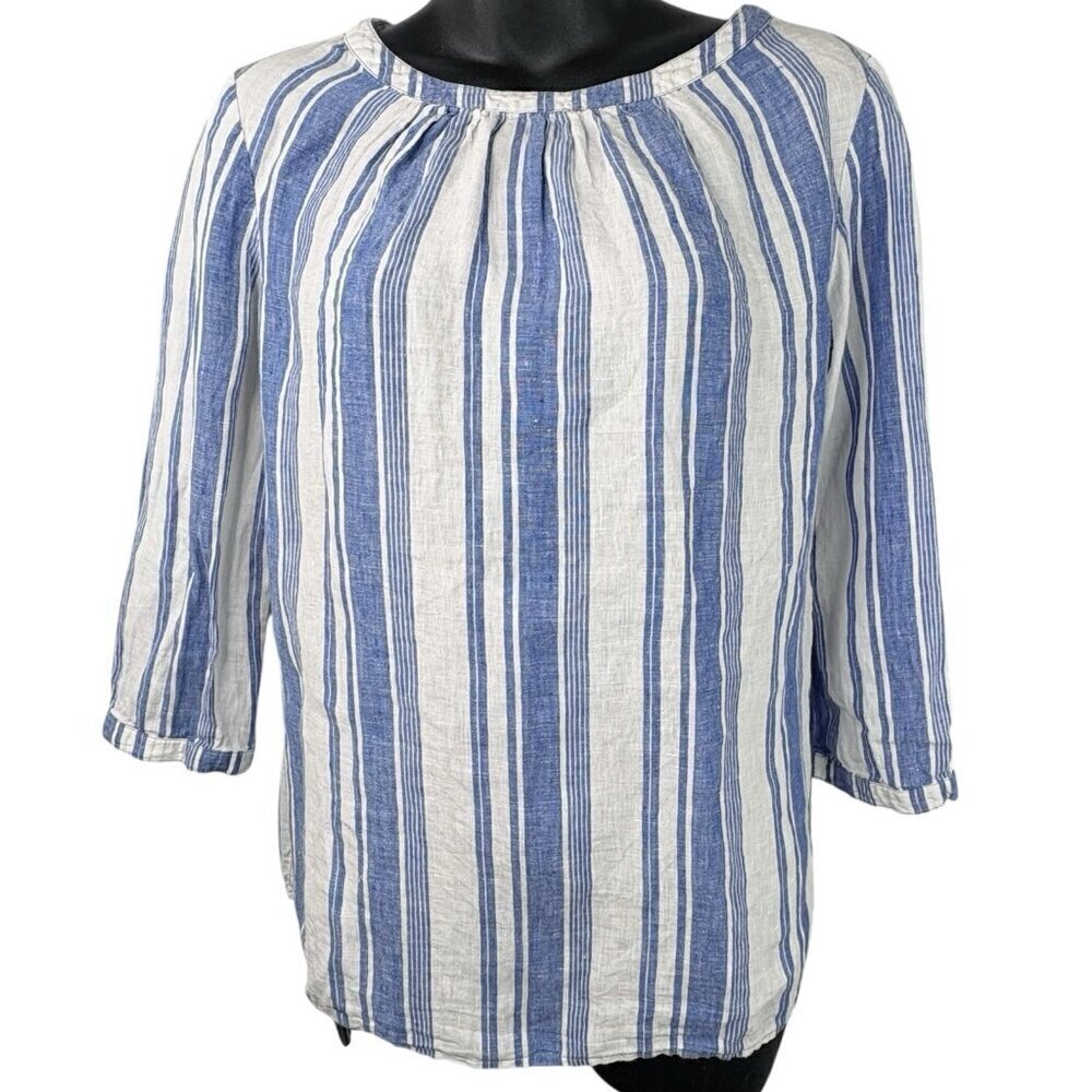 Linen Boden Striped 3/4 Sleeve Blue White Button Up Back Top COASTAL Women’s 6
